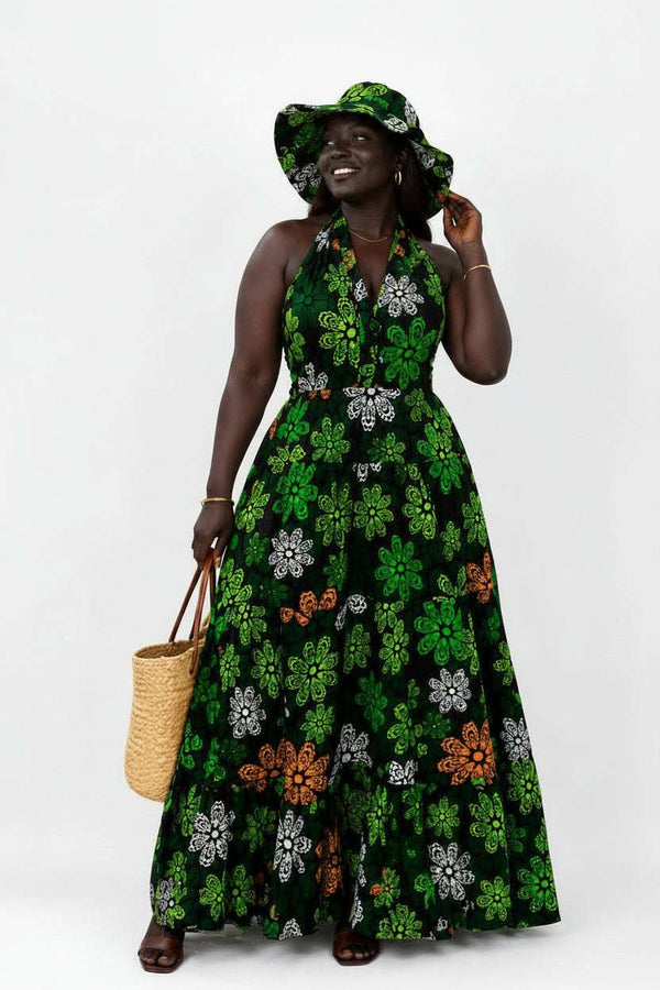 African Print Long Halter Dress with Hat, full length view