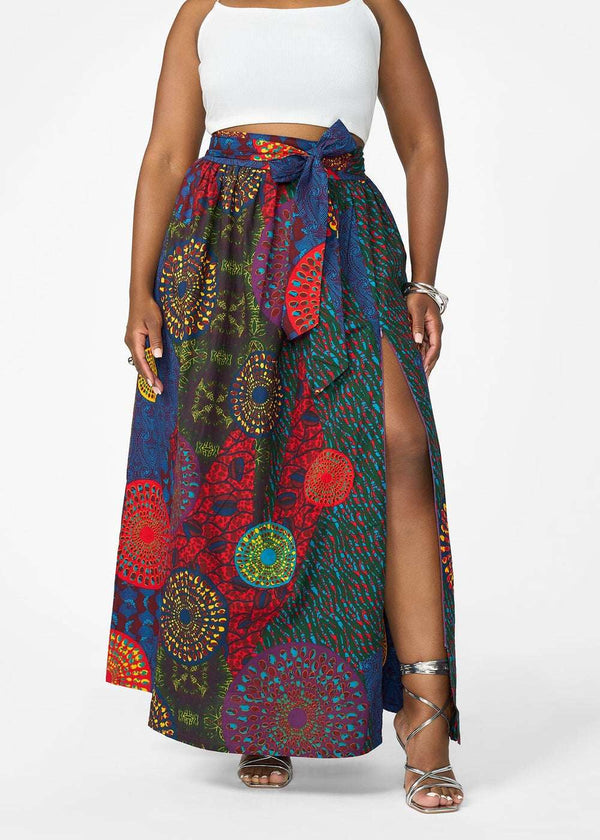 Mixed print maxi wrap skirt with front slit