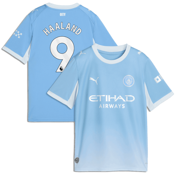 Haaland Manchester City kids jersey featuring Haaland's name and number 9 in vibrant blue