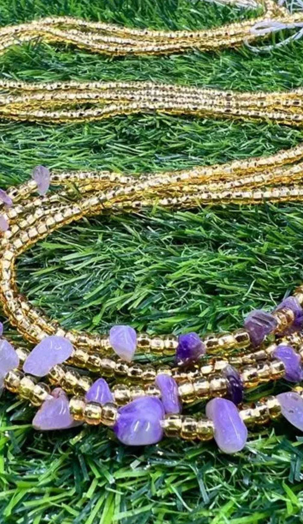 Handcrafted Ghana Waist Beads – Luxury Tier | High-end materials - amethyst, rose quartz, gold-plated beads, intricate weaving.