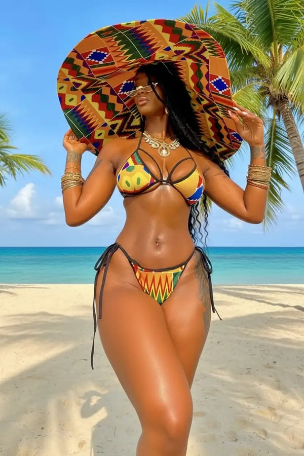 Pikini with Hat – African Print Two-Piece Bikini Set with Matching Sun Hat