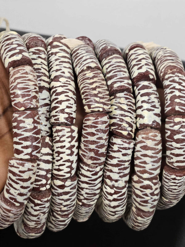 Handcrafted Krobo Painted Recycled Glass Beads – African Brown Tube Beads with Cream Zigzag Patterns (17–18mm × 28–30mm)