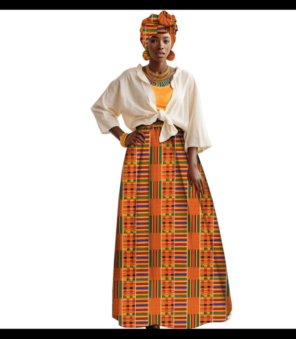 African Print Long Skirt, Top & Head Wrap Set