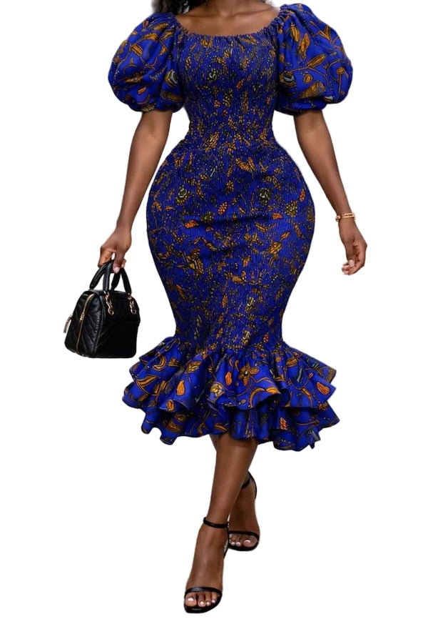 African Print Smoked Fit & Flare Dress