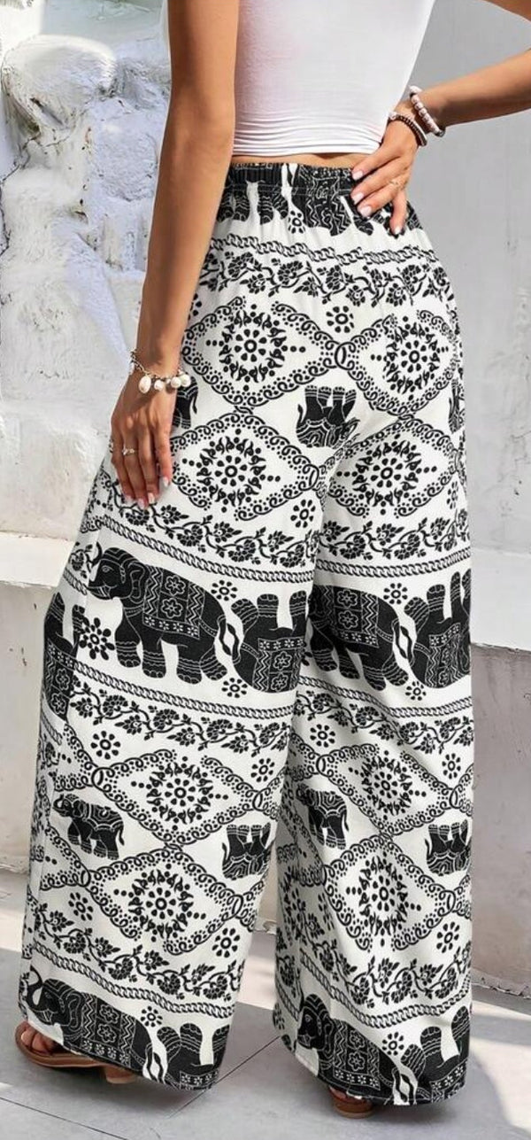 Elephant Print Wide-Leg Palazzo Pants