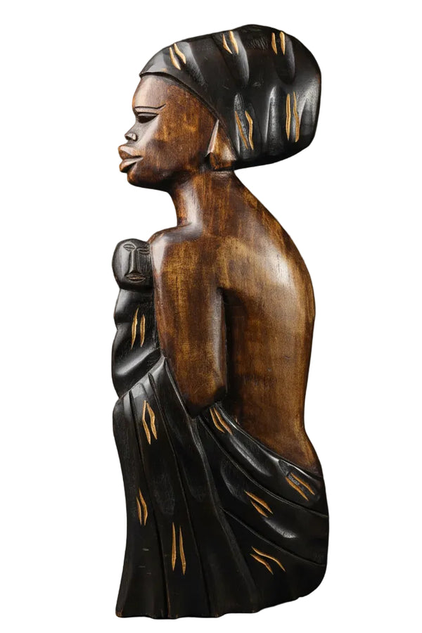 Hand-Carved Mahogany African Nurturing Mother Sculpture – Wood Art Decor