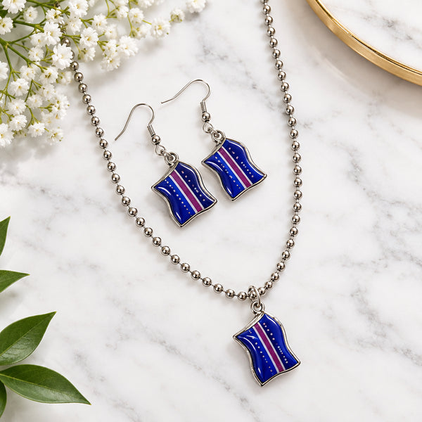 Cabo Verde Flag Necklace & Earrings Set – Silver-Tone
