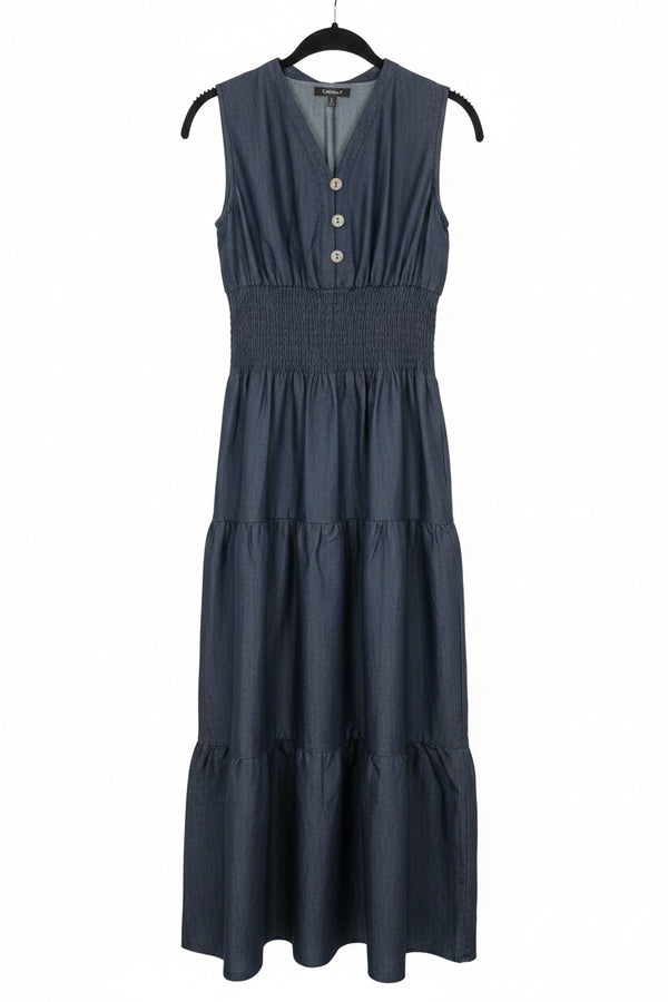 Denim Sleeveless Tiered Midi Dress