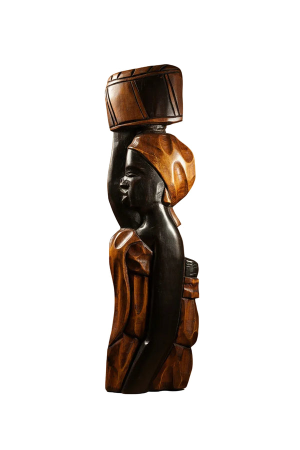 Hand-Carved Mahogany African Working Mother Sculpture – Wood Art Decor